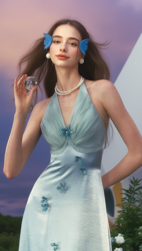 ABITO MIDI CON SCOLLO A V E SCOLLO A V DA PRINCIPESSA A FARFALLA IN AZZURRO CHIARO