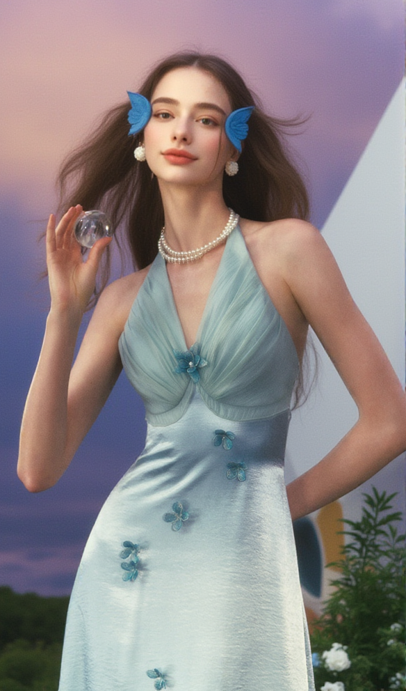 ABITO MIDI CON SCOLLO A V E SCOLLO A V DA PRINCIPESSA A FARFALLA IN AZZURRO CHIARO