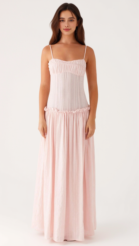 PLEATED BELT CHIFFON STRAPLESS MAXI DRESS IN PALE PINK