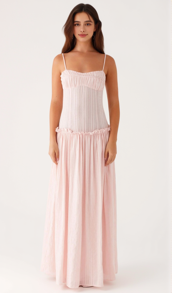 AIIZIE PLEATED BELT CHIFFON STRAPLESS MAXI DRESS IN PALE PINK - product image