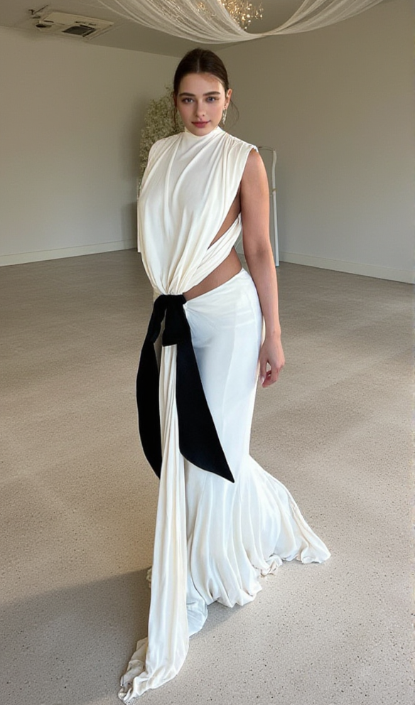 Bernice – Rückenfreies Maxikleid mit Schleifenaufnäher in Weiß