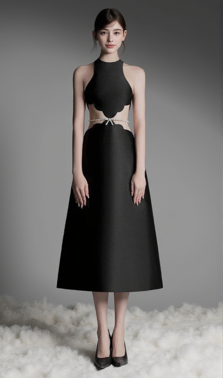 anila pearl chain embellished midi dress in black
