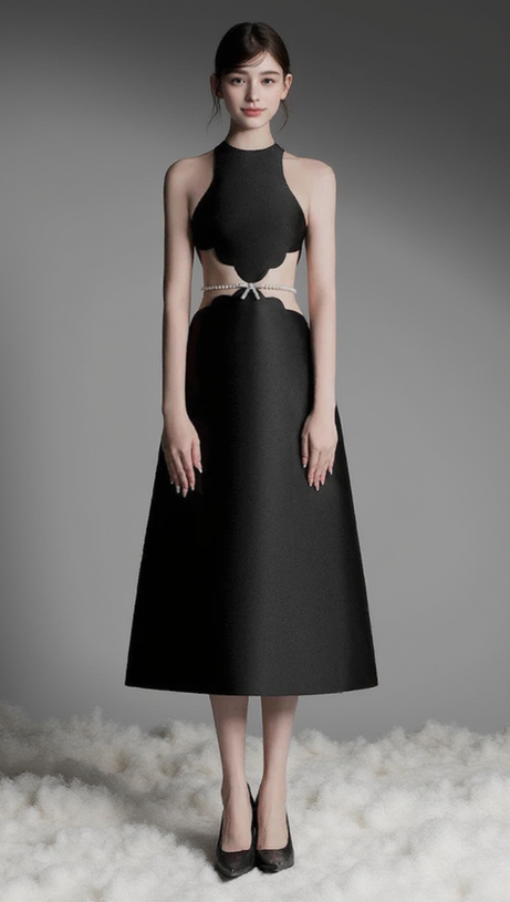 ANILA PEARL CHAIN EMBELLISHED MIDI DRESS IN BLACK