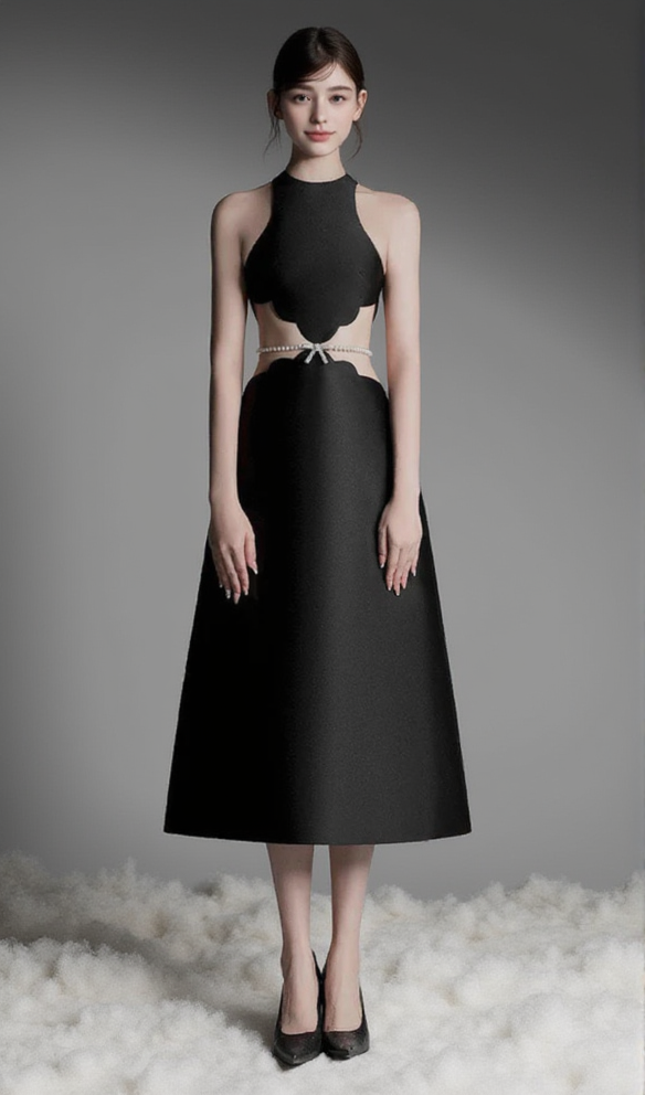 anila pearl chain embellished midi dress in black