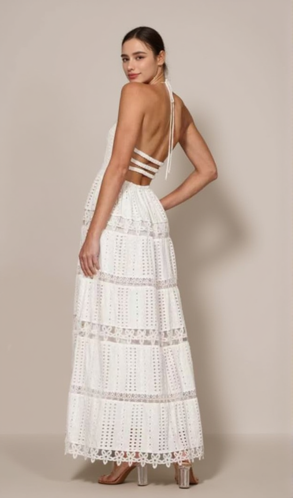 AIIZIE HALTER NECK ELASTIC CHEST LACE PATCHWORK MAXI DRESS IN WHITE - product image