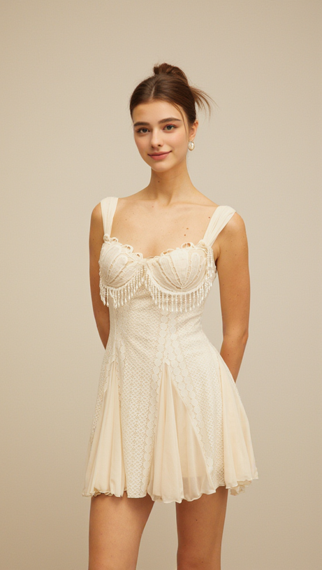 ATALANTA EMBELLISHED FLARED MINI DRESS IN CREAM-WHITE