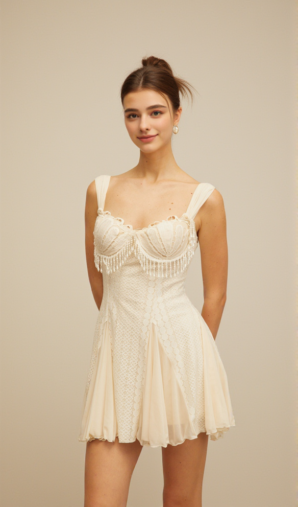 AIIZIE ATALANTA EMBELLISHED FLARED MINI DRESS IN CREAM-WHITE - product image