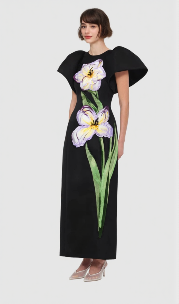 Iris Print Appliqué Floral Maxi Dress in Ebony