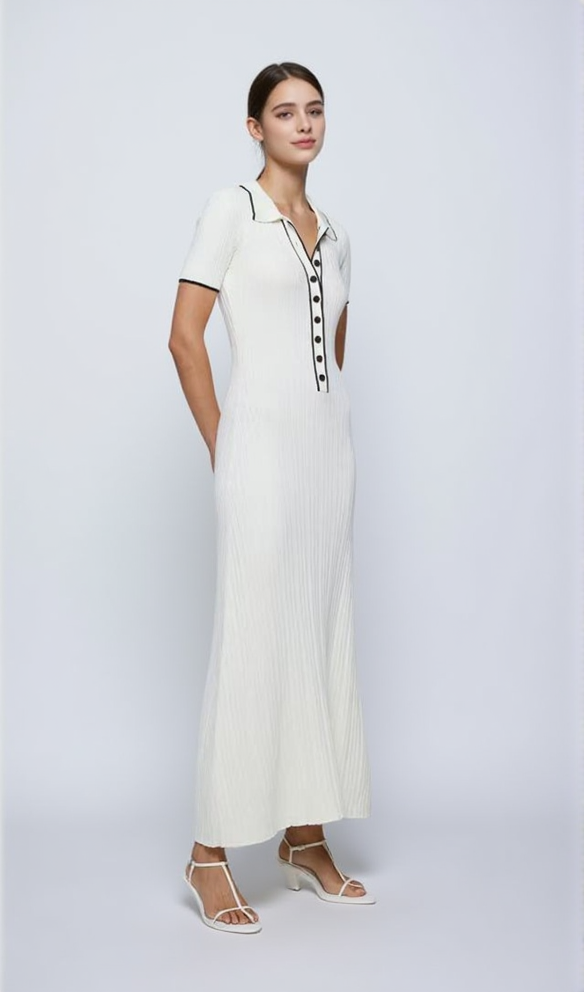 Simple white lapel half-button knitted maxi dress
