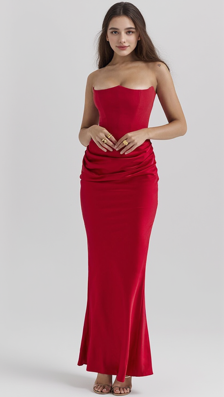 RED VELVET STRAPLESS CORSET MAXI DRESS