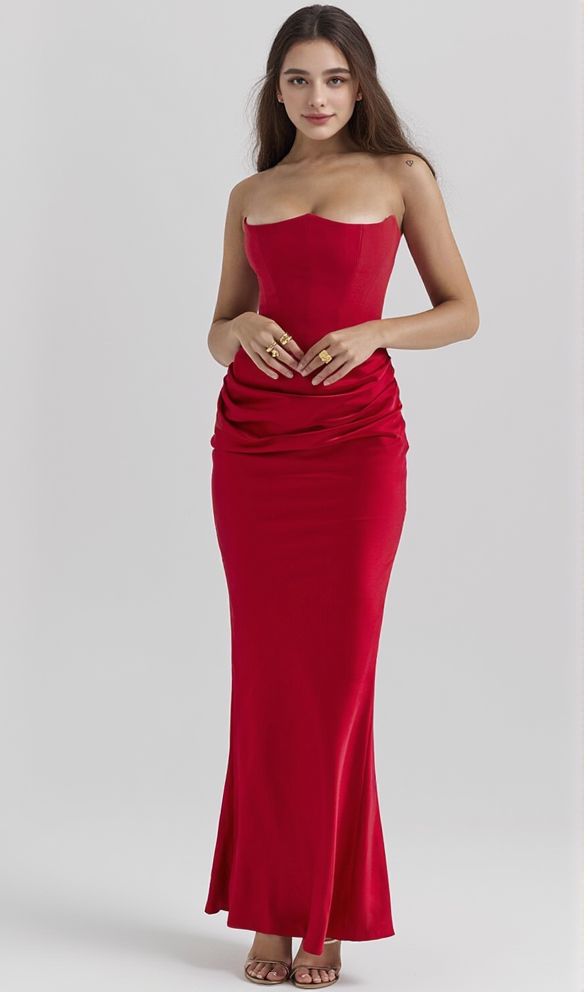 AIIZIE RED VELVET STRAPLESS CORSET MAXI DRESS - product image