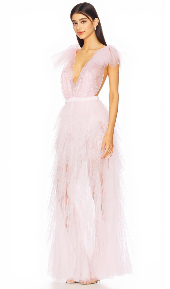 AIIZIE RUFFLE TULLE ATOP FLORAL LACE MINI DRESS IN PINK - product image
