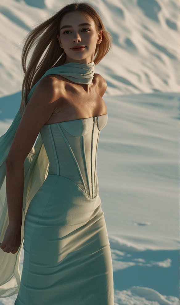 AIIZIE ANNA STRAPLESS MESH SCARF CORSET MAXI DRESS IN GREEN - product image