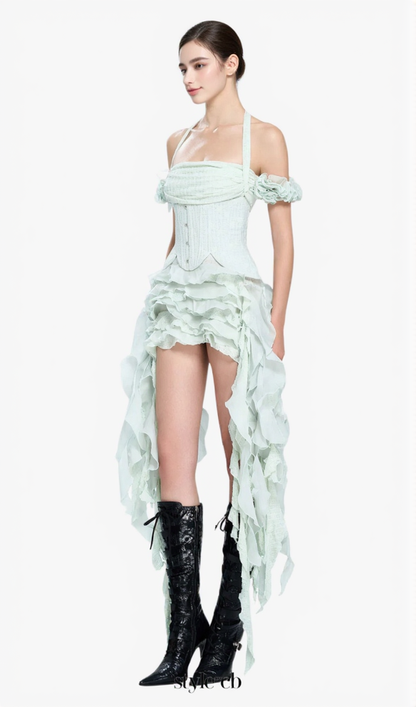 AIIZIE ELVA HALTER THREE-DIMENSIONAL FLOWER IRREGULAR TASSEL MINI DRESS IN MINT - product image