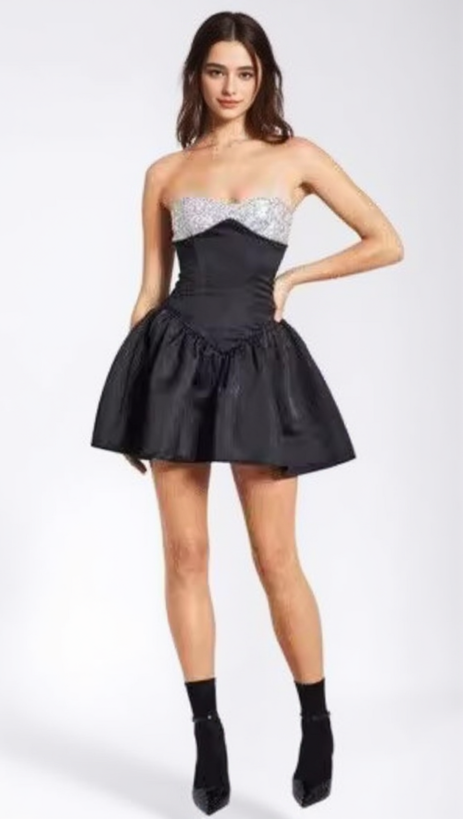 MINI ABITO IN RASO NERO CON CRISTALLI