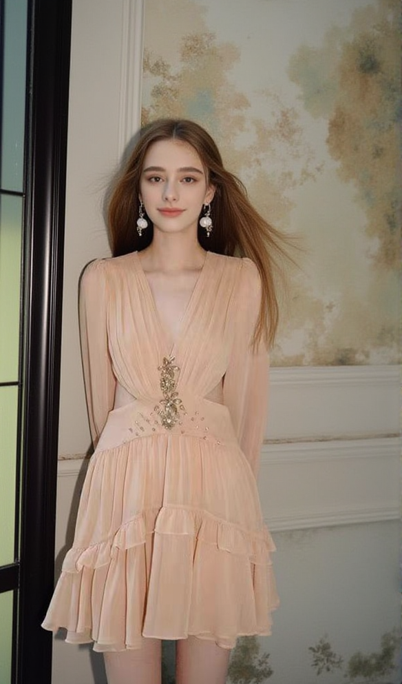 AIIZIE V-NECK FAIRY SILK WAIST-BARING MINI DRESS - product image