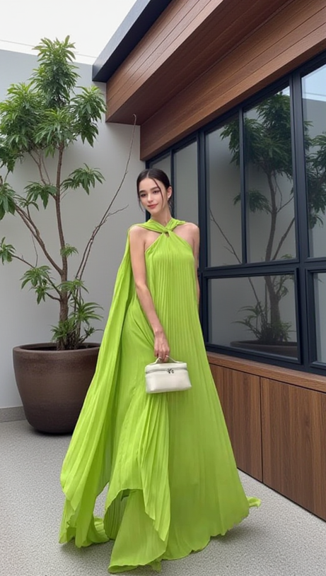 Alyssa plissiertes grasgrünes Maxikleid