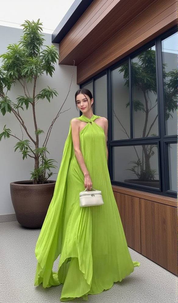 AIIZIE ALYSSA PLEATED GRASS GREEN MAXI DRESS - product image