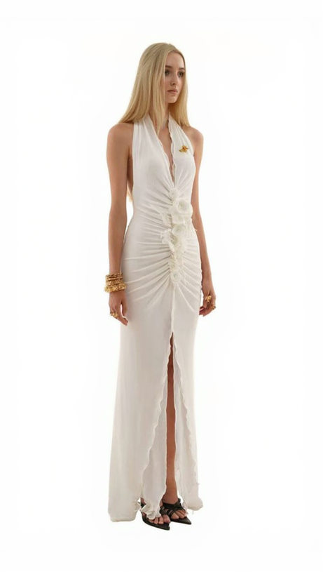 GONNA LUNGA SEXY SENZA MANICHE CON SPACCO ALTO E FIORI TRIDIMENSIONALI