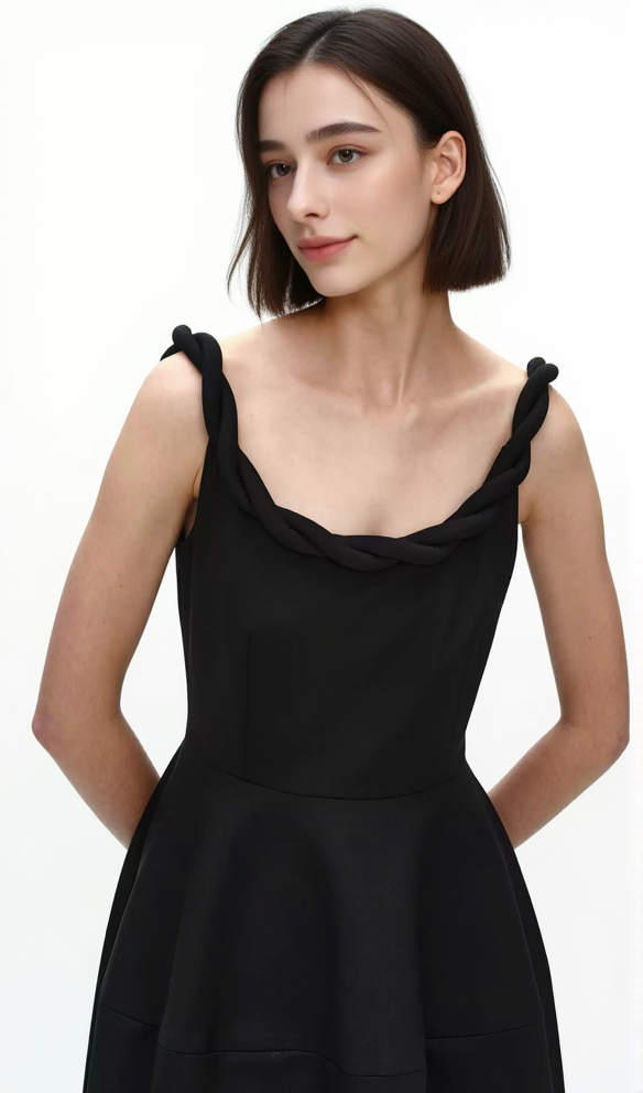 Monica – Midikleid mit geflochtenen Schulterträgern in Schwarz