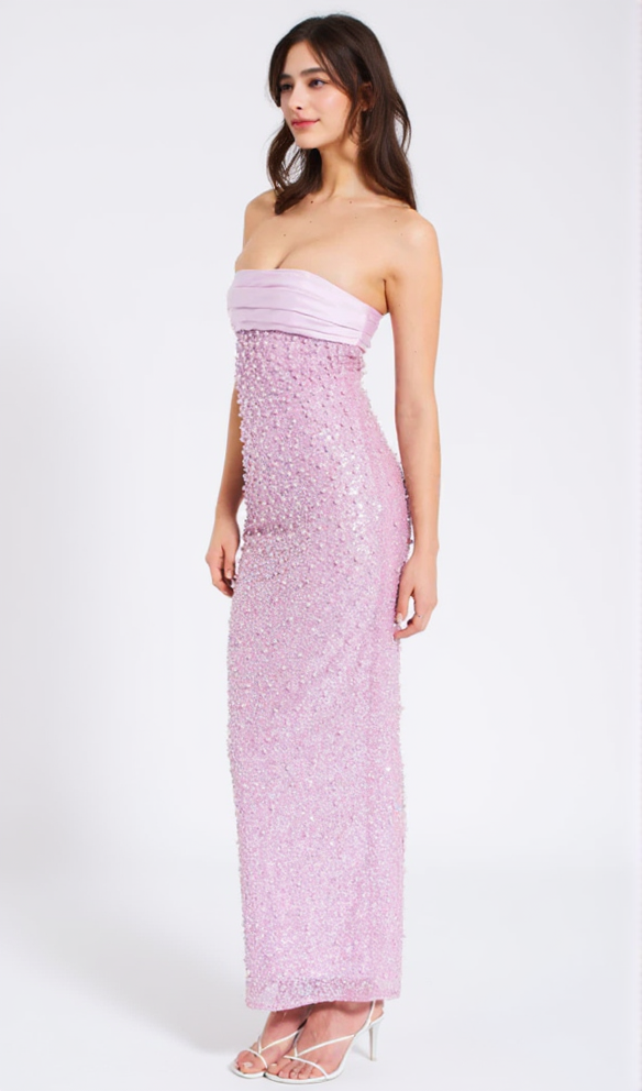 PINK SATIN SEQUIN PEARLS BEADED MAXI DRESS