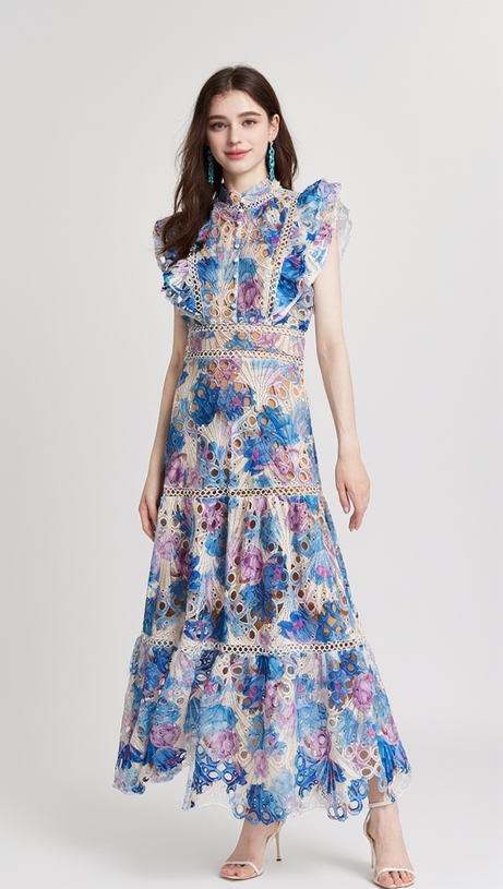 CHLOE HOLLOW OUT FLOWER EMBROIDERY MAXI DRESS IN BLUE