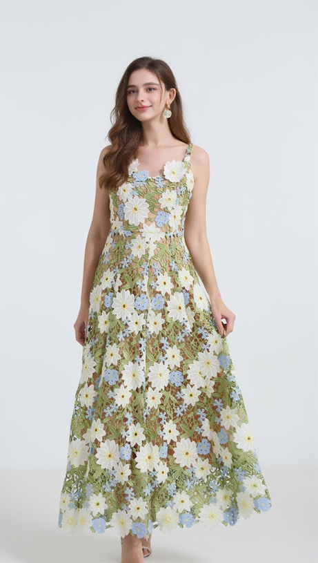 CELESTE FLORAL HOLLOW STITCHING MAXI DRESS IN GREEN