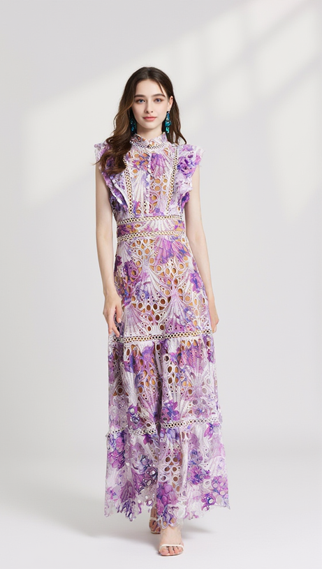 CHLOE HOLLOW OUT FLOWER EMBROIDERY MAXI DRESS IN PURPLE