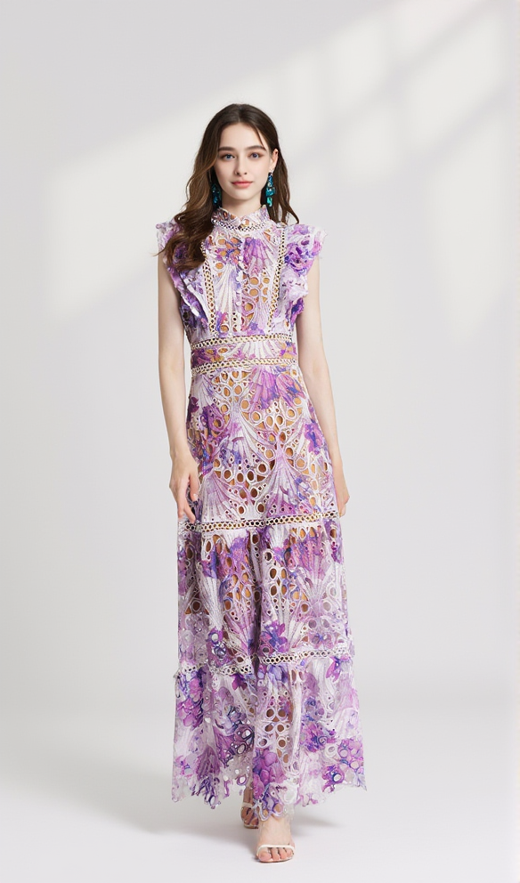 CHLOE HOLLOW OUT FLOWER EMBROIDERY MAXI DRESS IN PURPLE