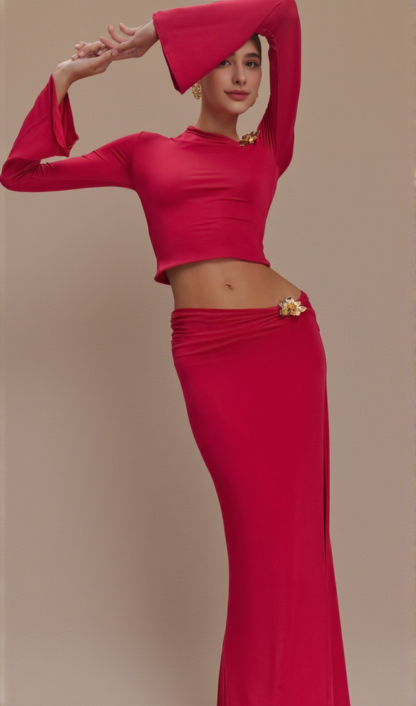 AIIZIE SLANT COLLAR HIGH WAIST SLIM LONG SKIRT RED SUIT - product image