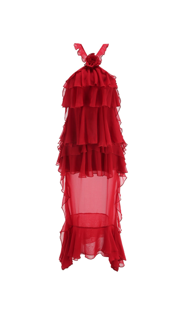Eunice – Rotes Chiffon-Midikleid mit Neckholder und Rüschen