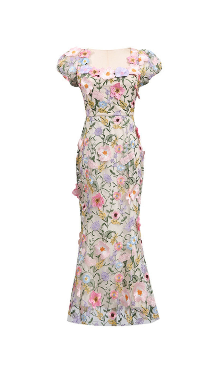 Nydia multicolor Square collar with 3D flower embroidery maxi dress