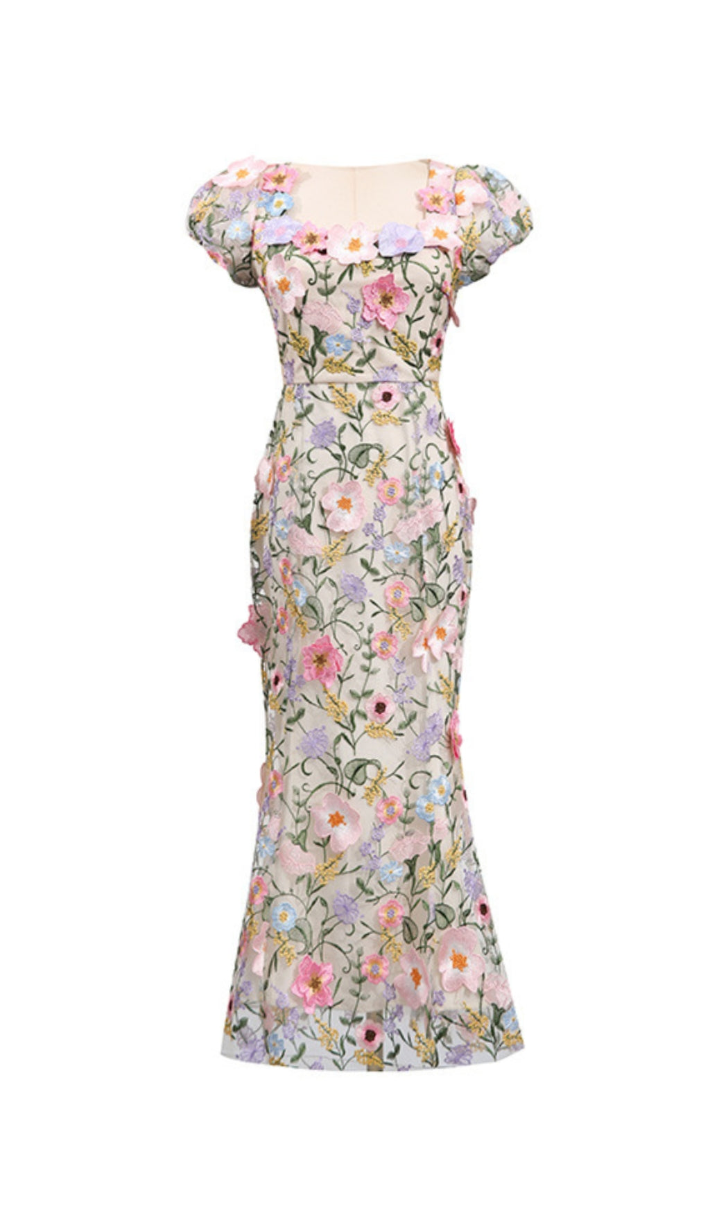 NYDIA MULTICOLOR SQUARE COLLAR WITH 3D FLOWER EMBROIDERY MAXI DRESS