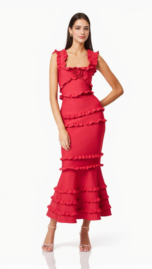 AIIZIE JOSEPHINE FRILL MAXI DRESS IN RED - product image