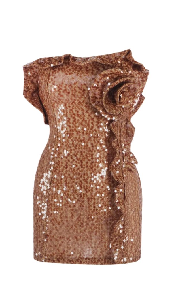 AIIZIE CHARAE SEQUIN FLORAL STRAPLESS MINI DRESS IN BROWN - product image