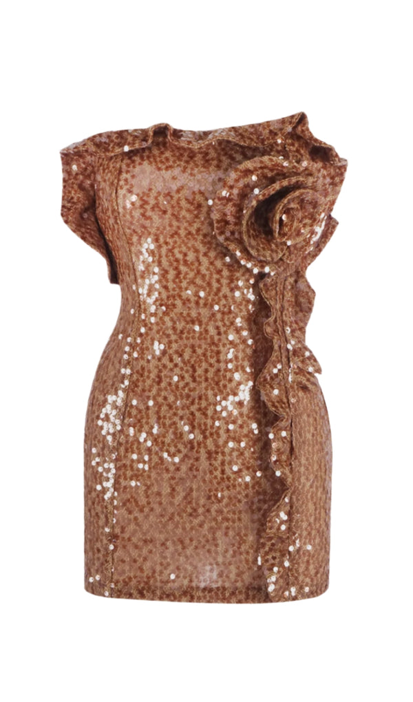 Charae Sequin Floral Strapless Mini Dress in brown