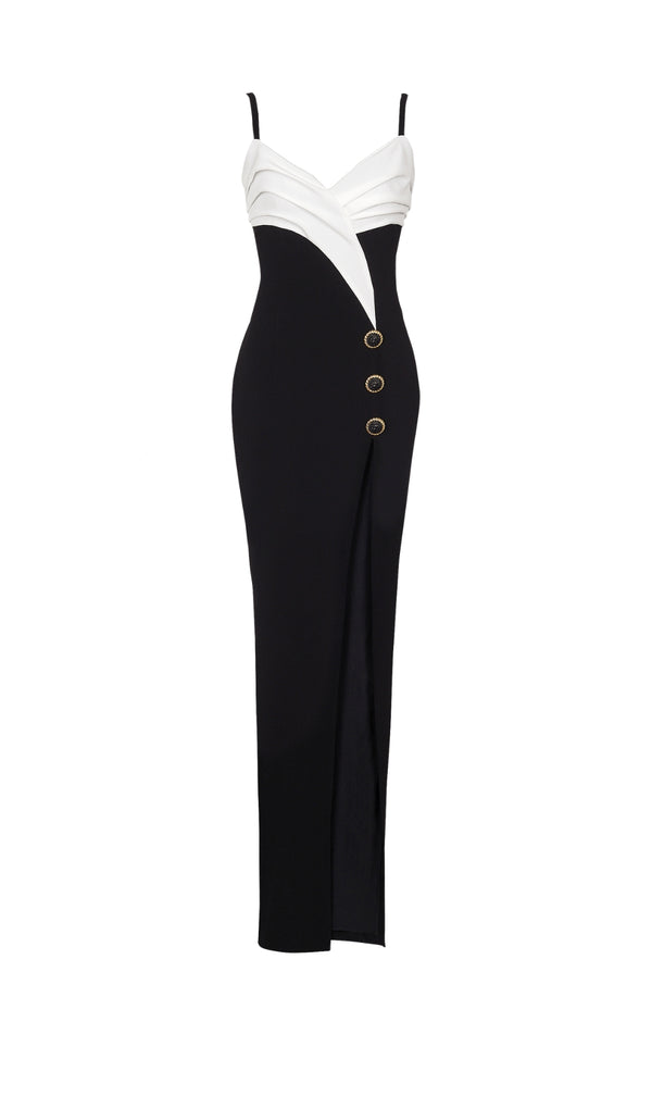 Two-tone crepe maxi dress with leg slit