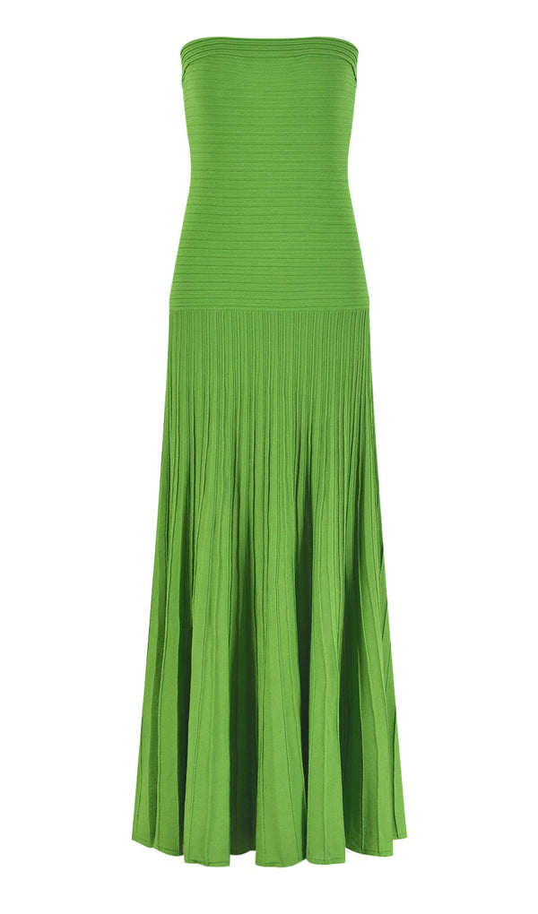 pleated belt chiffon strapless maxi dress in green
