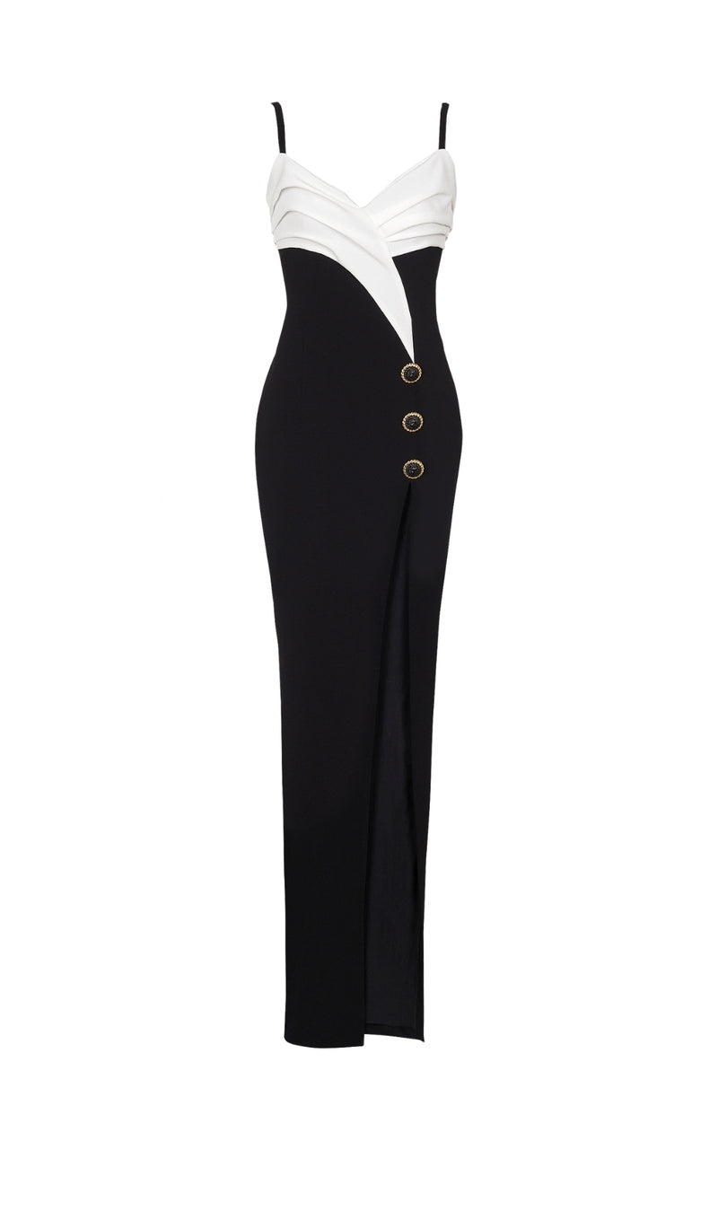 Two-tone crepe maxi dress with leg slit