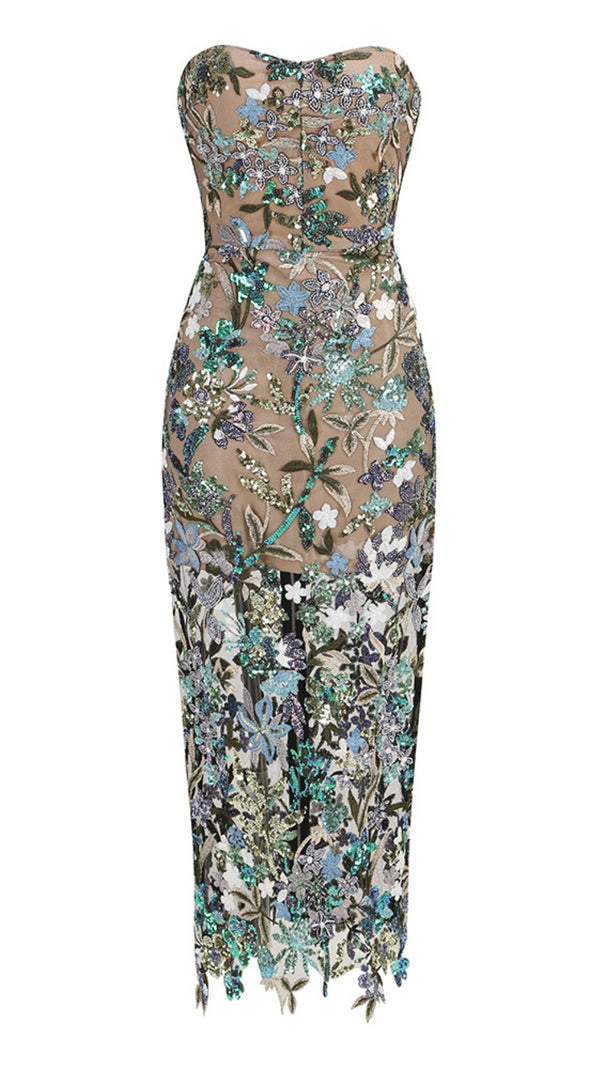 AIIZIE STRAPLESS DAHLIA SEQUINS EMBROIDERED MAXI DRESS GREEN - product image