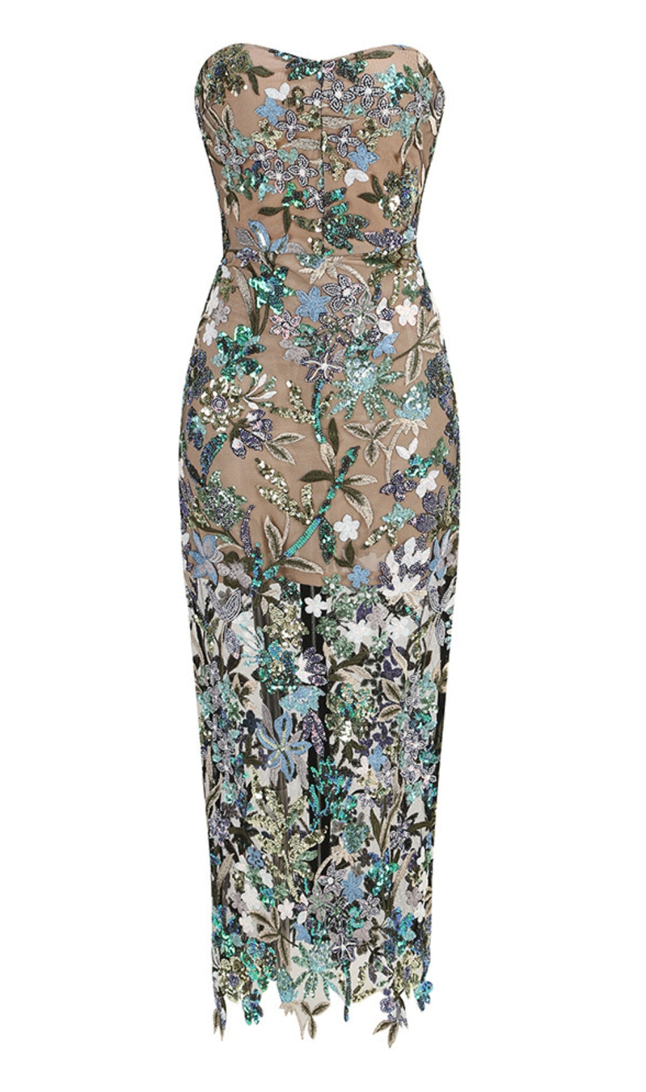 Strapless Dahlia Sequins Embroidered Maxi Dress green