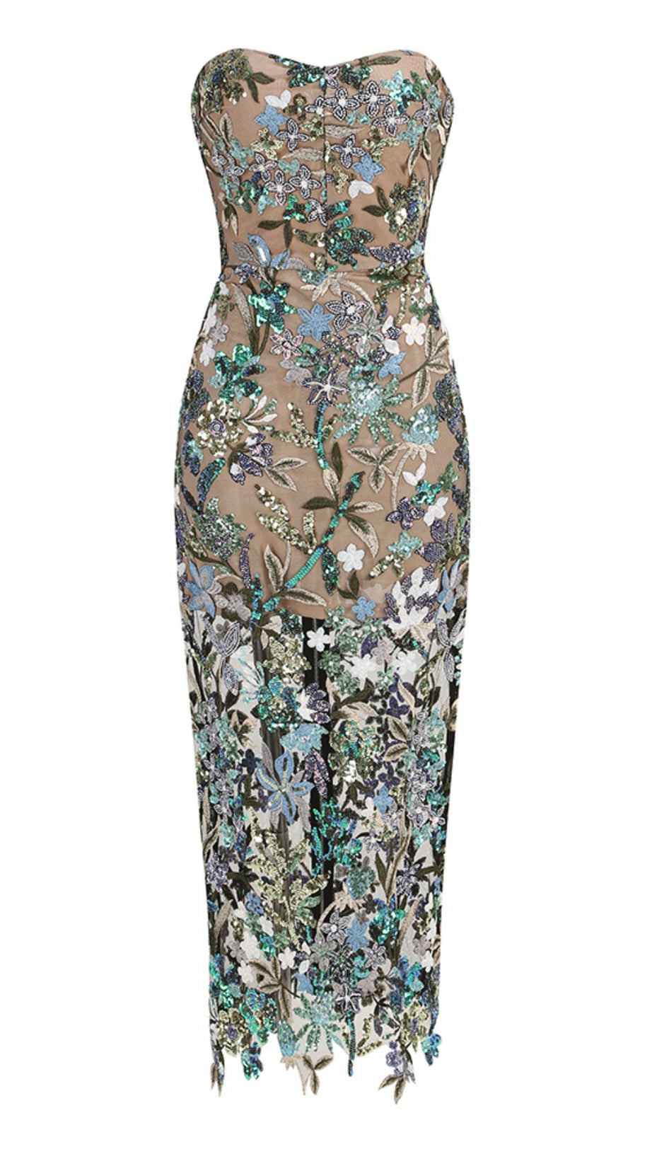 STRAPLESS DAHLIA SEQUINS EMBROIDERED MAXI DRESS GREEN