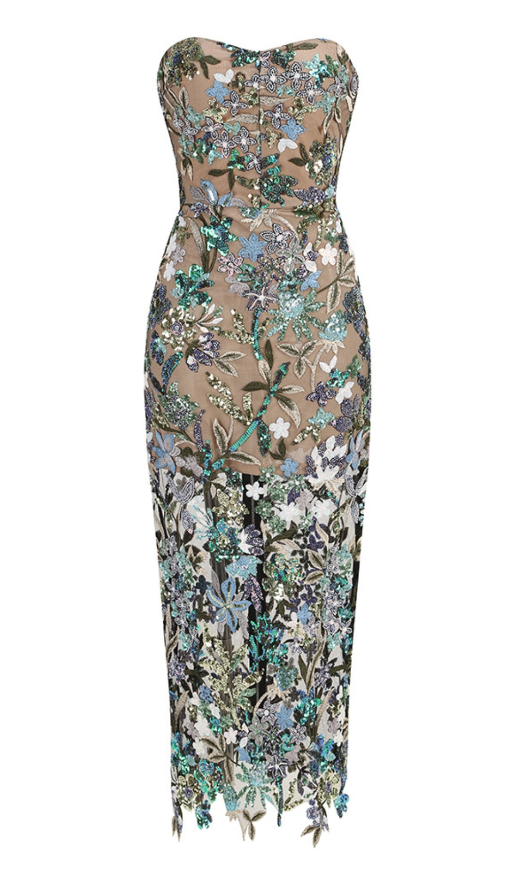 STRAPLESS DAHLIA SEQUINS EMBROIDERED MAXI DRESS GREEN