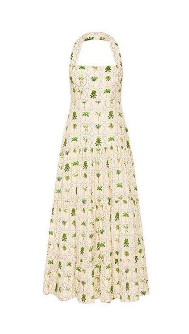 AIIZIE HALTER NECK BACKLESS LAYERED FLORAL PRINT MAXI DRESS IN GREEN - product image