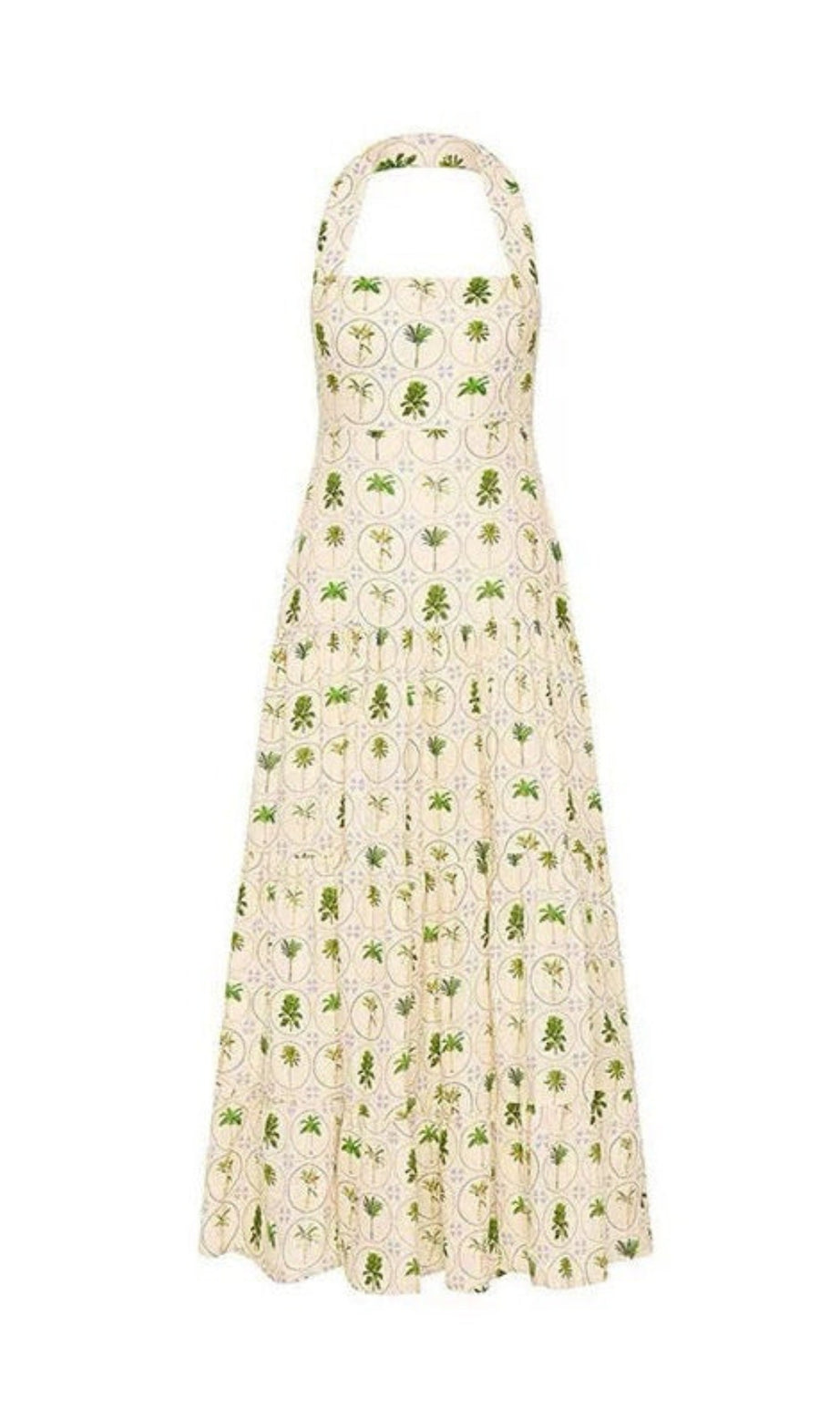 Abito lungo con stampa floreale a strati, scollo all'americana e schiena scoperta, verde