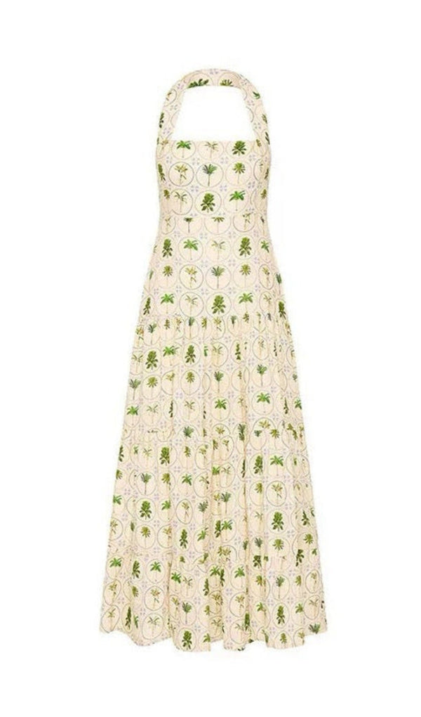 halter neck backless layered floral print maxi dress in green