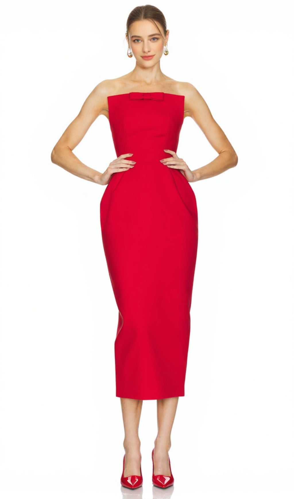 ABITO LUNGO SENZA SPALLINE CON FIOCCO AMANDA IN ROSSO