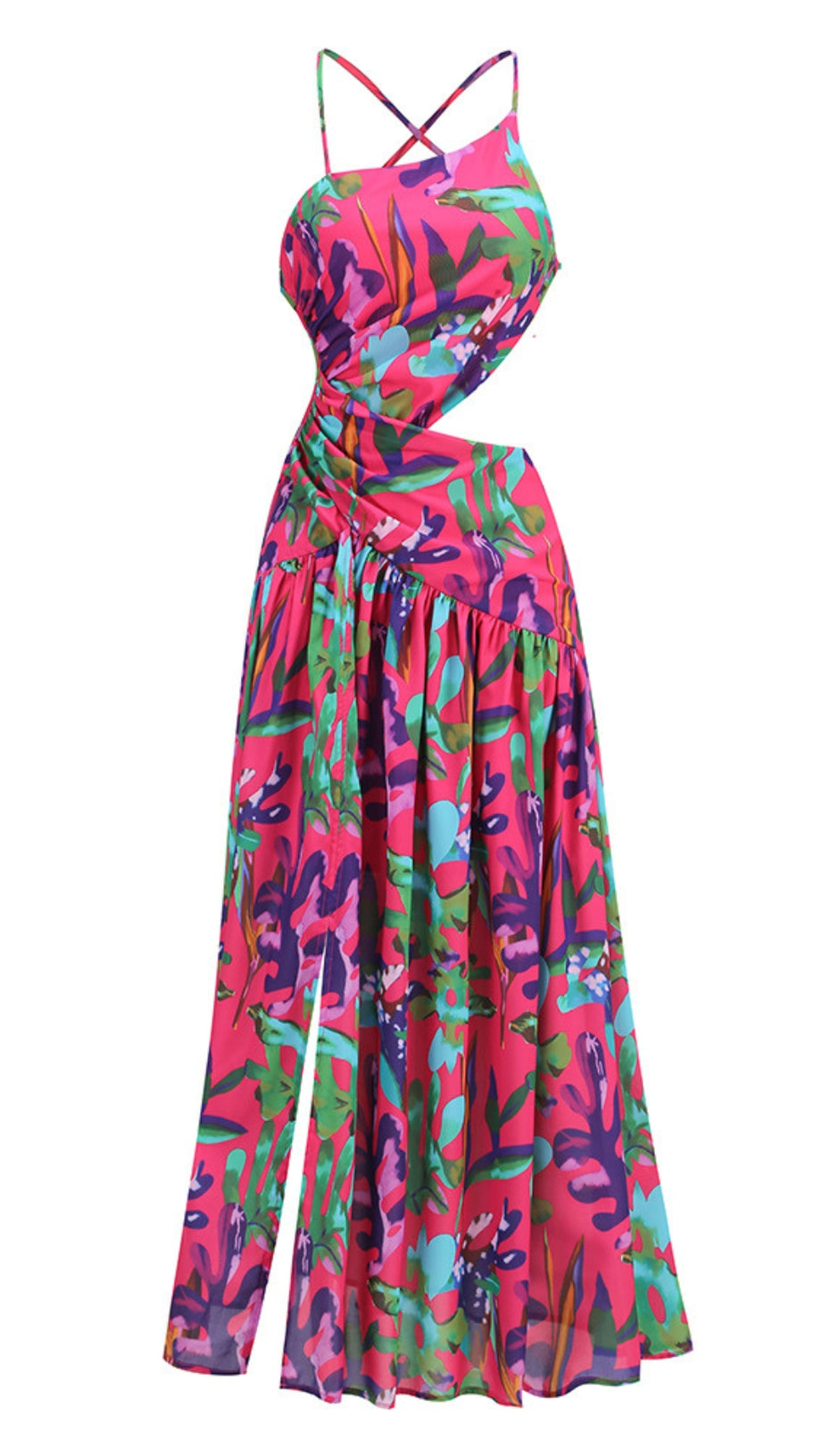 Lila bedrucktes Midikleid mit offenem Rückenschlitz und ausgehöhlter Vorderseite