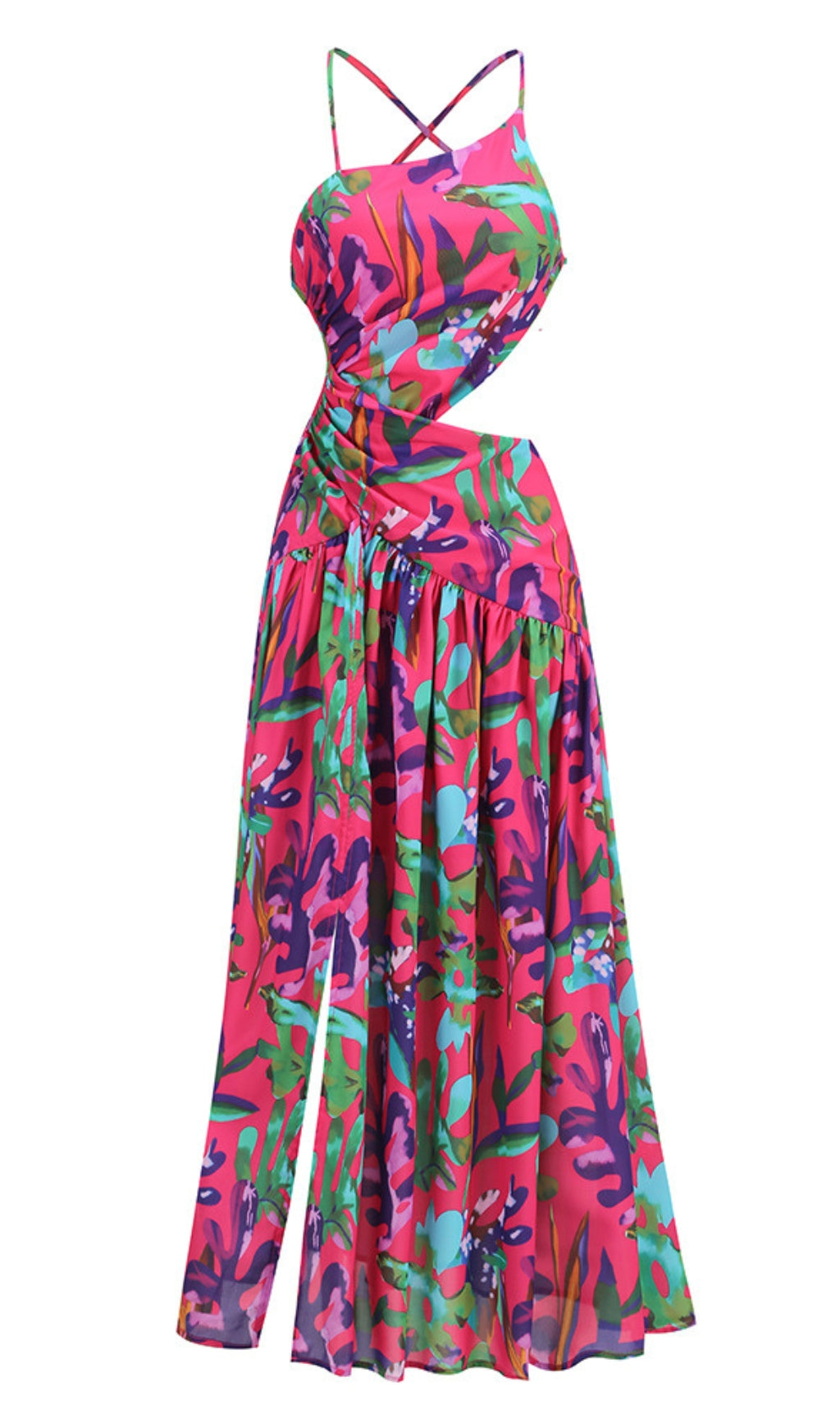 Lila bedrucktes Midikleid mit offenem Rückenschlitz und ausgehöhlter Vorderseite