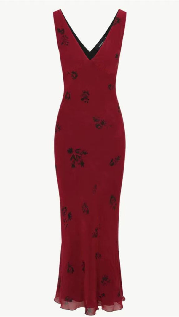 AIIZIE V-NECK SLIM-FIT HIP-HUGGING BURGUNDY MAXI DRESS - product image